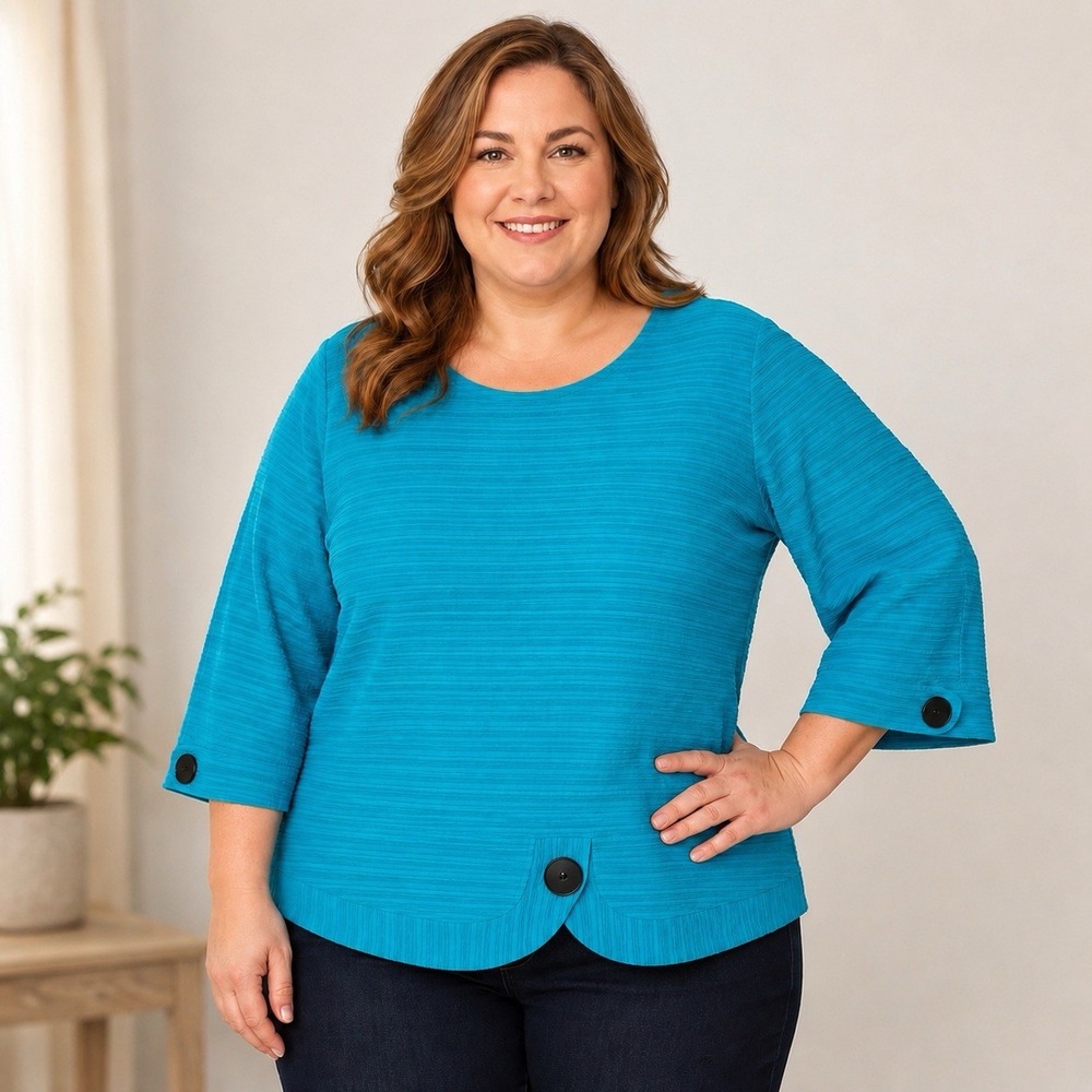 Ali Miles Textured Tunic Top Artsy 3/4 Sleeve Button Detail Teal Blue Stretch 3X